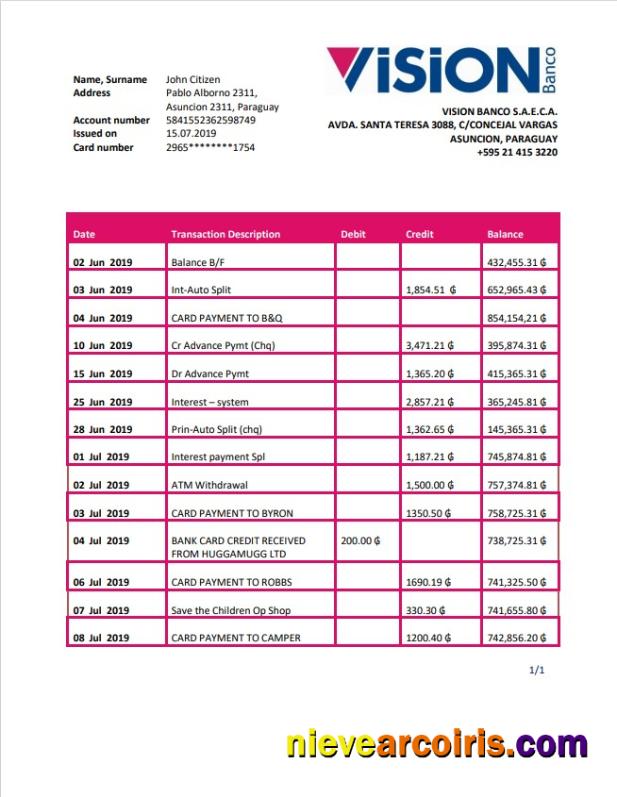 Paraguay Vision Banco bank statement